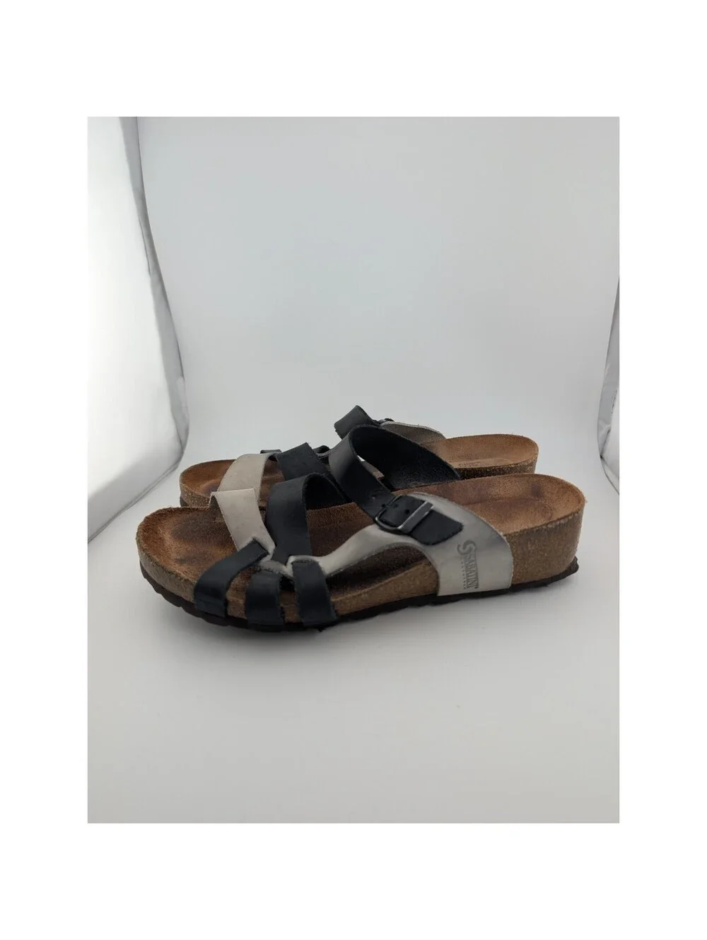Sabatini Women's Size 6.5 Leather Sandals Blue White Cork Wedge Comfort